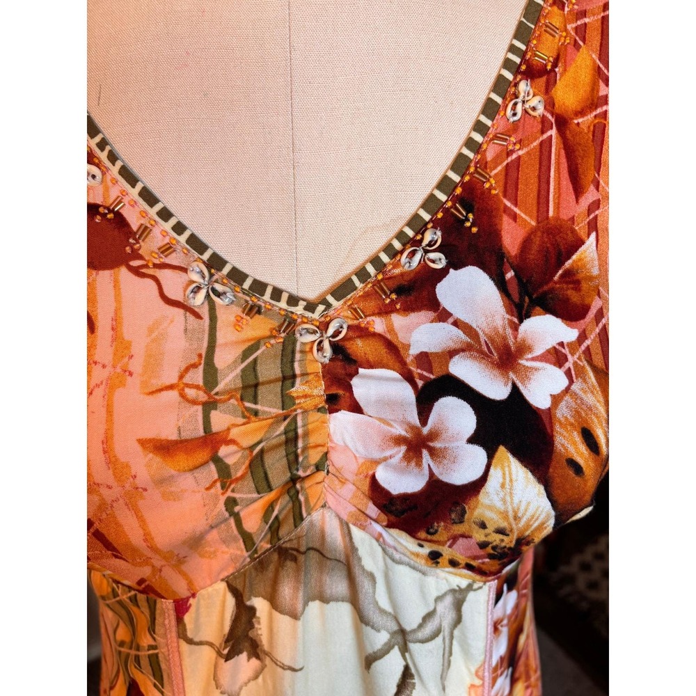 Boho Tropical Midi Dress XS Beaded Sequin Resort Cruise Vintage - Picture 2 of 9